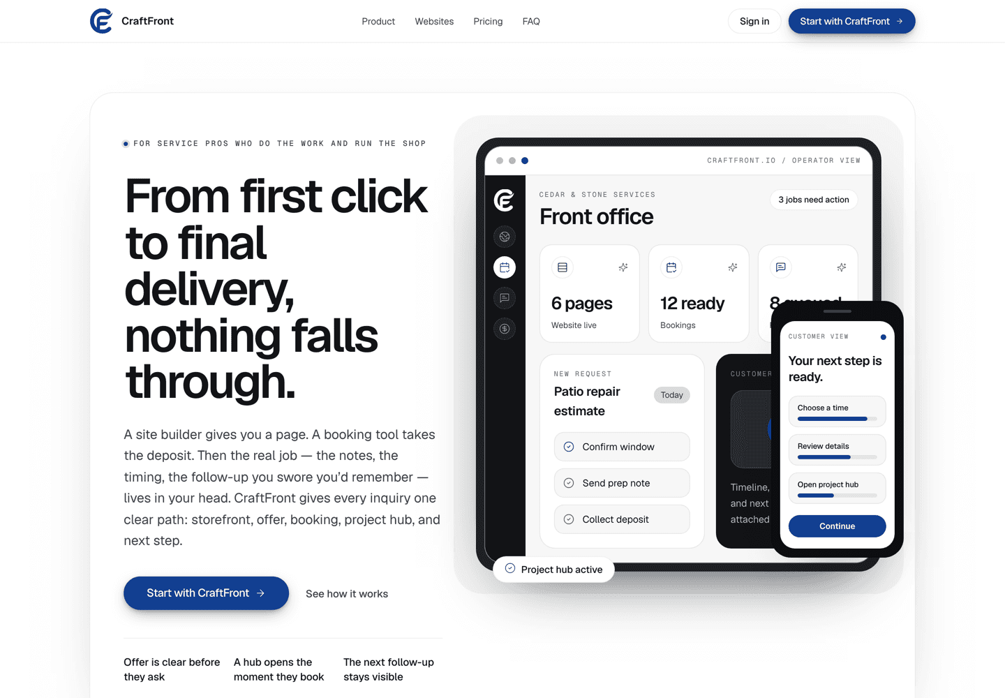 CraftFront website and operator workspace showing service offers, booking, project requests, and next steps.