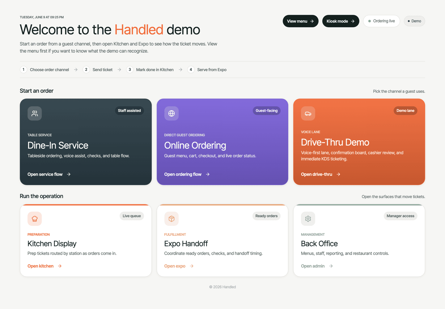 Handled interface showing dine-in, online ordering, drive-thru, kitchen, expo, and back-office surfaces.
